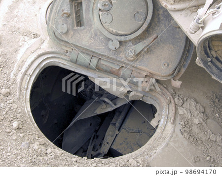 Military army vehicle tank on tracks with barrel after victorious war 98694170