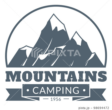 Mountain emblem. adventure label, camping and hiking tourism logo, retro style travel sticker, icy white peak and text, logotype template. Monochrome design. vector isolated illustration 98694472