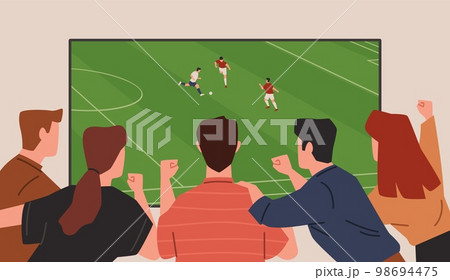 Football fans back view. People watch match, television translation, happy friends cheer for favorite sport team, championship live broadcast, sports fans, nowaday vector cartoon flat set 98694475