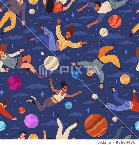 Flying people seamless pattern. Cute guys and girls in free fall, soaring among stars and planets, gravity lack, open space, cartoon flat elements. Decor textile, tidy vector background Flying people seamless pattern. Cute guys and girls in free fall, soaring among stars and planets, gravity lack, open space, cartoon flat elements. Decor textile, tidy vector background 98694476