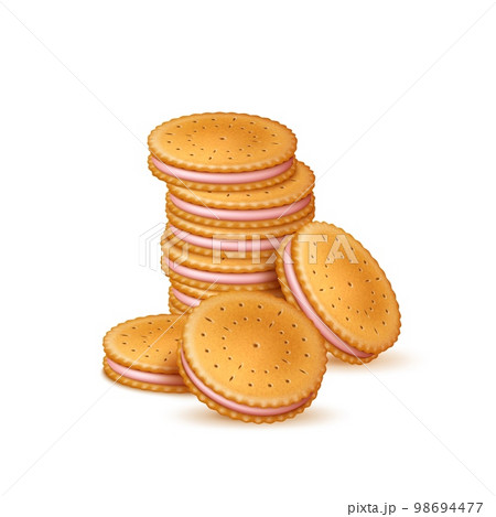 Crackers stack. Realistic sweet sandwich crackers with pink cream layer, strawberry flavor biscuits, crispy pastries, sugar snack, 3d isolated composition, utter vector concept 98694477