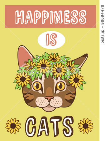 Cat card. Cute pet postcard, animal with flowers wreath, funny phrase lettering, trendy character, comic adorable animal, trendy kitten portrait, vector cartoon flat meow illustration 98694478