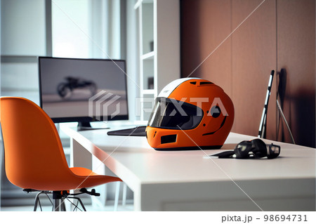 Orange with white and pastel orange stripes motorcycle helmet with opened visor Orange with white and pastel orange stripes motorcycle helmet with opened visor 98694731