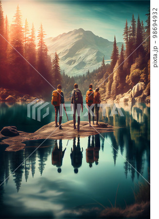 Big group of people having fun on mountain top against sunset lakes and mountains. Travel, adventure or expedition concept Big group of people having fun on mountain top against sunset lakes and mountains. Travel, adventure or expedition concept 98694932