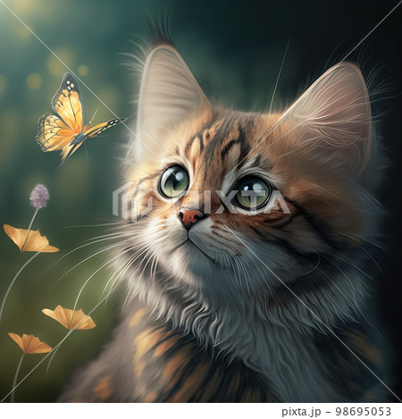 red fluffy kitty watches a flying orange butterfly in the forest 98695053