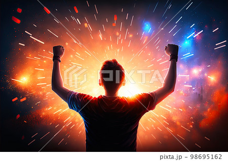 Gamer celebrating victory. Winning an eSports game. Electronic sports player rejoices victory in e-sports tournament Gamer celebrating victory. Winning an eSports game. Electronic sports player rejoices victory in e-sports tournament 98695162