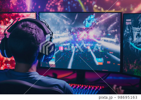Gamer celebrating victory. Winning an eSports game. Electronic sports player rejoices victory in e-sports tournament Gamer celebrating victory. Winning an eSports game. Electronic sports player rejoices victory in e-sports tournament 98695163