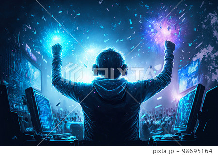Gamer celebrating victory. Winning an eSports game. Electronic sports player rejoices victory in e-sports tournament Gamer celebrating victory. Winning an eSports game. Electronic sports player rejoices victory in e-sports tournament 98695164