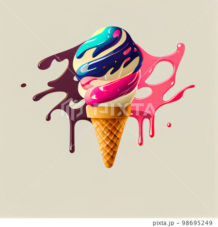 Melting ice cream balls in the waffle cone isolated on background. 3D Illustration flat icon. 98695249