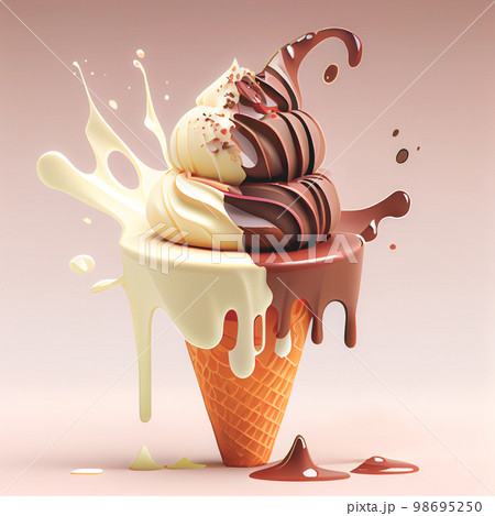 Melting ice cream balls in the waffle cone isolated on background. 3D Illustration flat icon. 98695250