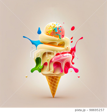 Melting ice cream balls in the waffle cone isolated on background. 3D Illustration flat icon. 98695257