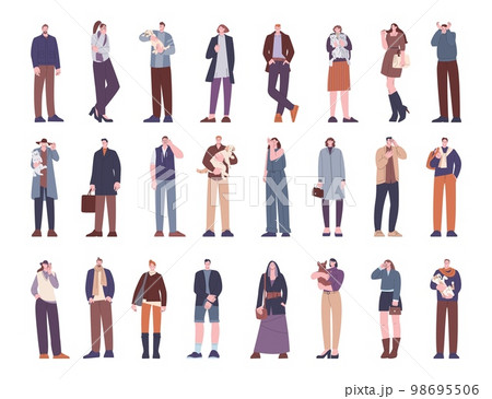 Casual wear modern people. Elderly adults and students, business characters and pets owners. Flat fashion different women men, kicky stylish vector set 98695506
