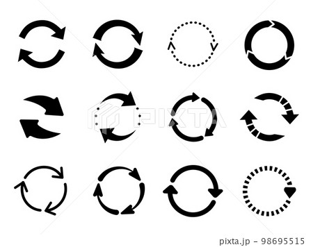 Reload arrows black icons. Circular arrow, isolated loop or round spin signs. Environment and recycle, reset repeat and upgrade pictogram decent vector set Reload arrows black icons. Circular arrow, isolated loop or round spin signs. Environment and recycle, reset repeat and upgrade pictogram decent vector set 98695515