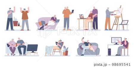 Seniors using gadgets and digital devices. Person has problem with technology. Old couple use laptop, modern grandparents kicky vector characters 98695541