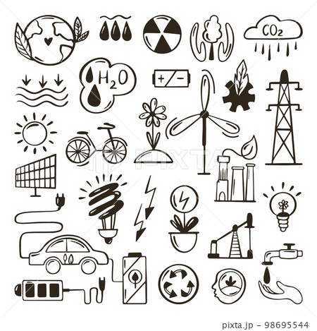 Green energy doodle set. Ecology, environmental sketch concept. Hands draw eco elements, isolated neoteric lamp, battery, wingmill vector collection 98695544