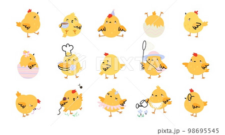 Yellow cute cartoon easter chicken. Chick newborn, spring chickens birds play, eat earthworm and sing. Isolated little birds nowaday vector clipart 98695545