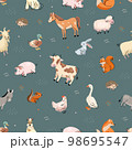 Farm animal seamless pattern. Trendy pets, farmed animals fashion print. Pigs, cow and goat, cute duck, rabbit sheep. Nowaday vector textile template 98695547