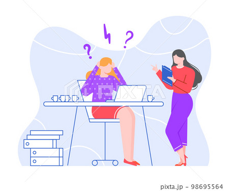 Stressed business people. Female manager sitting at desk overworked. Employee in stress, drinking coffee Stressed business people. Female manager sitting at desk overworked. Employee in stress, drinking coffee 98695564
