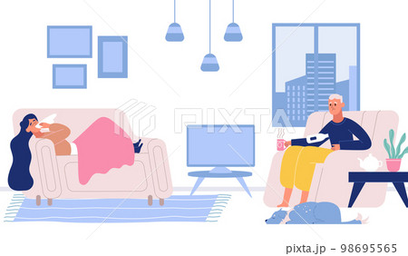 Sick people suffering from flu, cold at home. Woman lying on sofa under blanket, man sitting in armchair drinking hot tea Sick people suffering from flu, cold at home. Woman lying on sofa under blanket, man sitting in armchair drinking hot tea 98695565