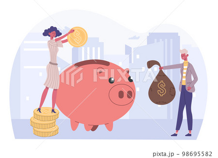 People money save, success financial investment concept. Cartoon woman putting coins into piggy bank 98695582