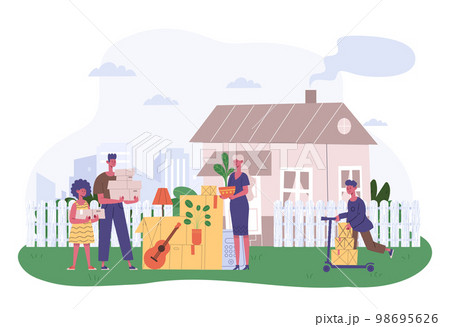 Family moving into new house. Parents with children standing near home with cardboard boxes. Cartoon son and daughter helping Family moving into new house. Parents with children standing near home with cardboard boxes. Cartoon son and daughter helping 98695626