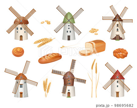Windmill. Rural symbols construction making flour bakery food production from wheat decent vector pictures set in realistic style 98695682