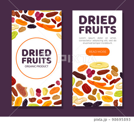 Dried Fruits Banner Design with Healthy Sweet Snack Vector Template Dried Fruits Banner Design with Healthy Sweet Snack Vector Template 98695893