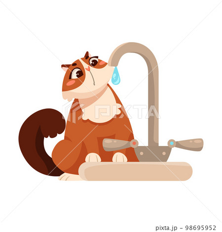 Funny Cat Domestic Pet Watching Water Drop from Tap Vector Illustration 98695952