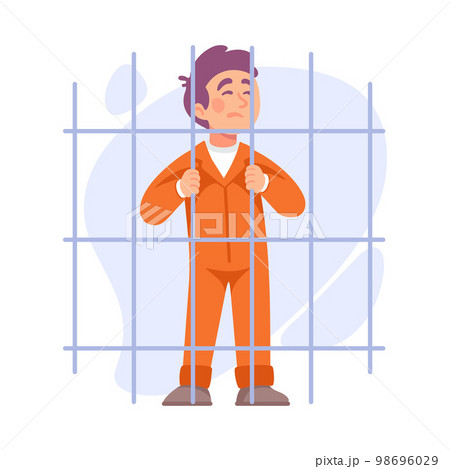 Man Criminal in Mask in Jail Behind Metal Bars Vector Illustration 98696029