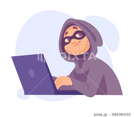 Man Criminal in Hoody and Mask at Laptop Stealing Money Committing Crime in Cyberspace Vector Illustration 98696030