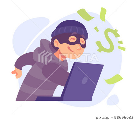 Man Criminal in Hoody and Mask at Laptop Stealing Money Committing Crime in Cyberspace Vector Illustration 98696032