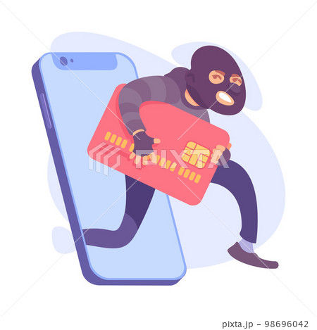 Man Criminal in Mask Stealing Credit Card Data from Smartphone Committing Crime Vector Illustration Man Criminal in Mask Stealing Credit Card Data from Smartphone Committing Crime Vector Illustration 98696042