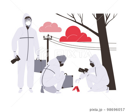 Man and Woman Police Expert in Suit Collecting Evidence at Crime Site Vector Illustration Man and Woman Police Expert in Suit Collecting Evidence at Crime Site Vector Illustration 98696057