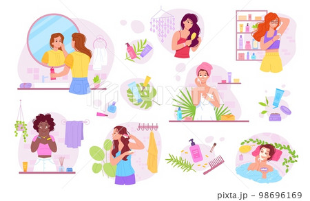 Women bathroom routine. Woman morning lifestyle, face hydration hair moisturisation shampooing, girl use armpit deodorant spa natural skincare scrub oil, swanky vector illustration 98696169