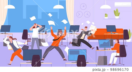 Office chaos. Corporate collapse stress workspace, hurry workers throw paper project panic working environment, conflict boss and busy tired employees, splendid vector illustration 98696170