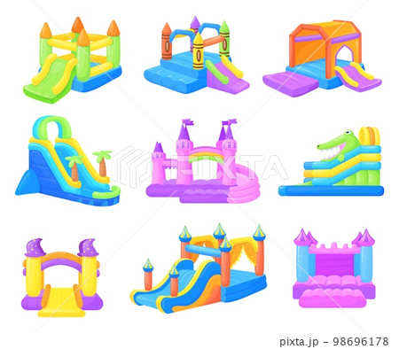 Inflatable castles. Inflated castle and air bouncy slides for kids park, rubber playgrounds child game bounce in house or jumping on trampoline attraction, neat vector illustration 98696178