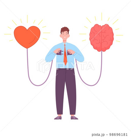 Heart brain connection. Man connect mind with emotion, physiacal connections head and body love work soul logic bond energy system connected hearts concept vector illustration Heart brain connection. Man connect mind with emotion, physiacal connections head and body love work soul logic bond energy system connected hearts concept vector illustration 98696181