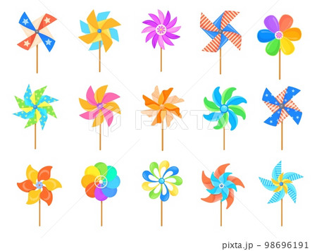 Cartoon pinwheel. Paper propller kid toy, set color windmills baby joy wind mill summer weather, breeze wheel child color whirligig spinner Cartoon pinwheel. Paper propller kid toy, set color windmills baby joy wind mill summer weather, breeze wheel child color whirligig spinner 98696191