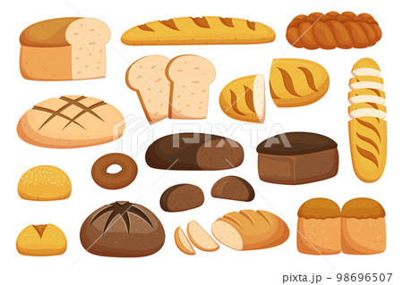 Set Of Different Bread And Wheat Bakery Products. Isolated Baguette, Loaf, Bun Or Donut Pastry Collection 98696507