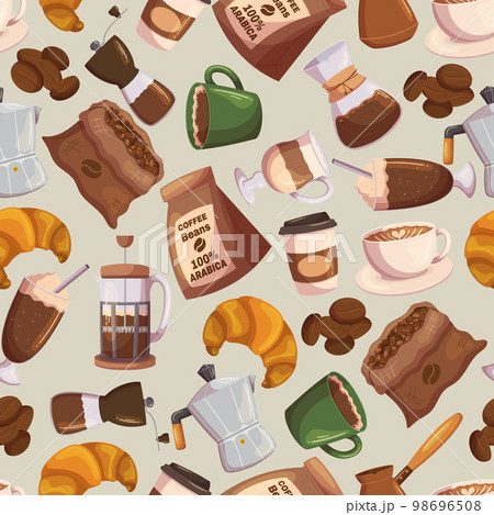 Seamless Background with Coffee Beans, Package or Sack, Cezve, Coffee Maker Machine and Croissant, Carton Disposable Cup 98696508