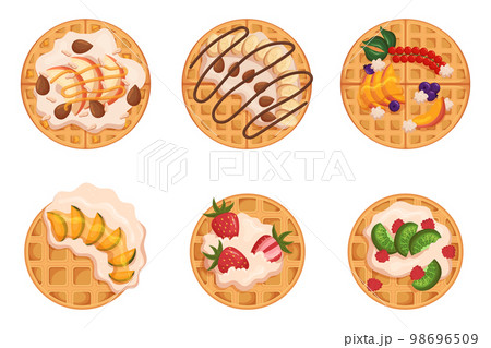 Set Of Round Belgian Waffles, Homemade Pastry Decorated With Fresh Berries And Fruits, Wafers With Jam, Chocolate Set Of Round Belgian Waffles, Homemade Pastry Decorated With Fresh Berries And Fruits, Wafers With Jam, Chocolate 98696509