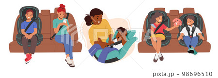 Set Children Sit In Car Seat. Happy Boy And Girl Characters Sitting In Vehicle Chair During Road Travel With Family 98696510