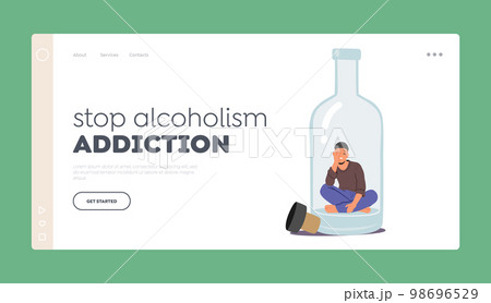 Stop Alcoholism Addiction Landing Page Template. Drunk Man Sitting On Bottom Of Empty Bottle Vector Illustration Stop Alcoholism Addiction Landing Page Template. Drunk Man Sitting On Bottom Of Empty Bottle Vector Illustration 98696529