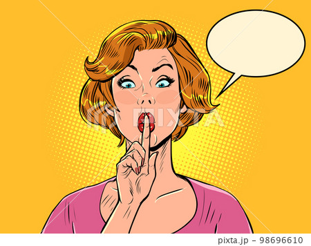 pop art surprised woman pressed her finger to her lips. Silence gossip news 98696610
