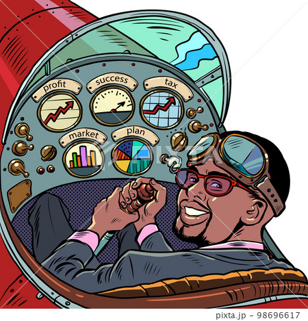 cockpit of a retro aircraft, the african american pilot leads the airplane. Pilot profession cockpit of a retro aircraft, the african american pilot leads the airplane. Pilot profession 98696617