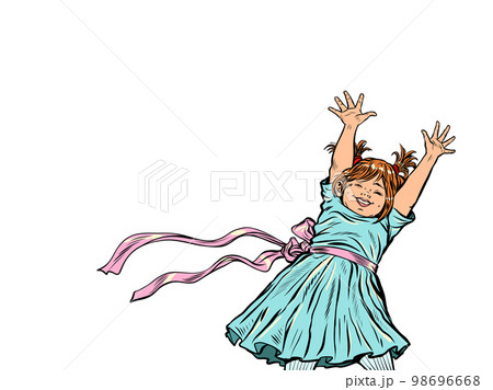Smiling little girl raised her hands up. Happy childhood. Pop art retro 98696668