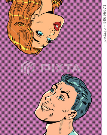 Pop art handsome man and woman look at each other with surprise. Large face. Couples in love 98696671