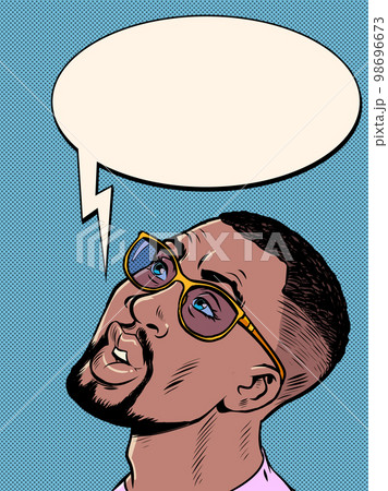 Pop art handsome man looks up with surprise. Large face. Businessman 98696673