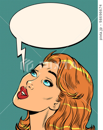 Pop art beautiful woman looks up with surprise. Large face. lady girl 98696674