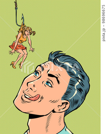 man and woman, temptation. Lure trap people on a fishing hook. Dangerous love 98696675
